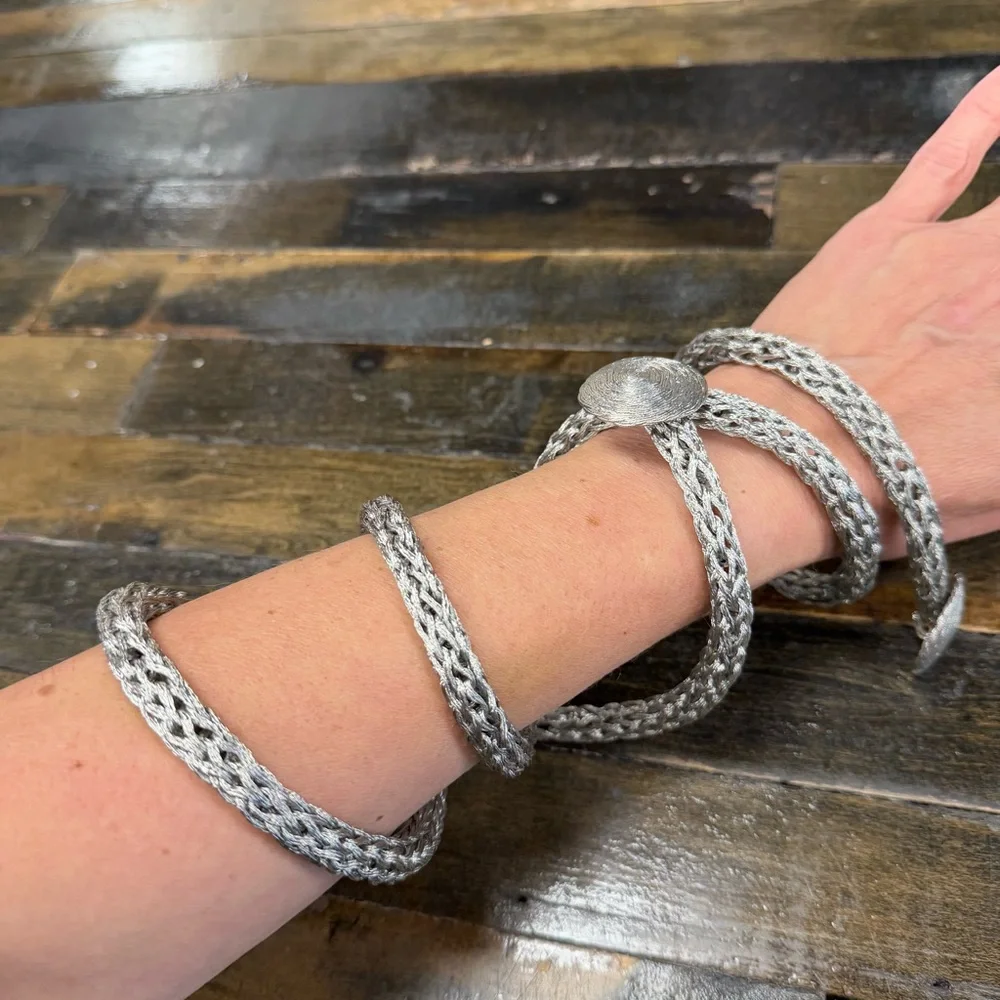 Vintage Silver Braided Rope Belt 70s Boho Glam w/ Hook Closure 46”